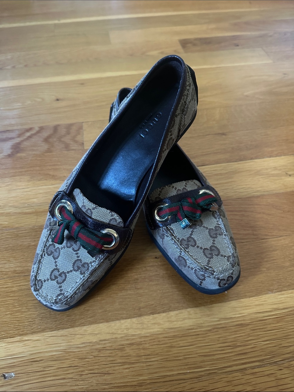 Gucci Brown GG Canvas Loafers with Red and Green Web Trim